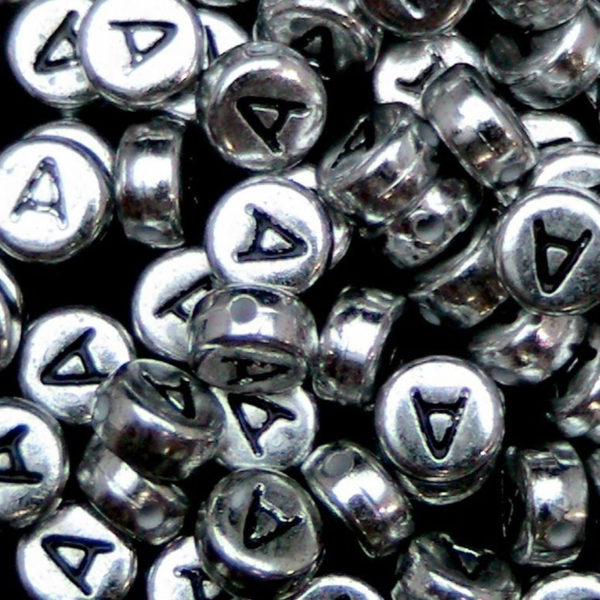 100 Pcs SILVER Acrylic Single Letter Coin Beads A - Z Disc Alphabet Bead 7mm ML A