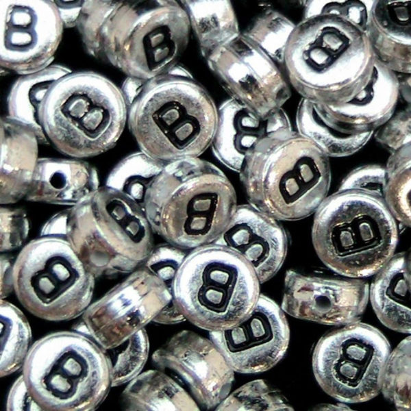 100 Pcs SILVER Acrylic Single Letter Coin Beads A - Z Disc Alphabet Bead 7mm ML B