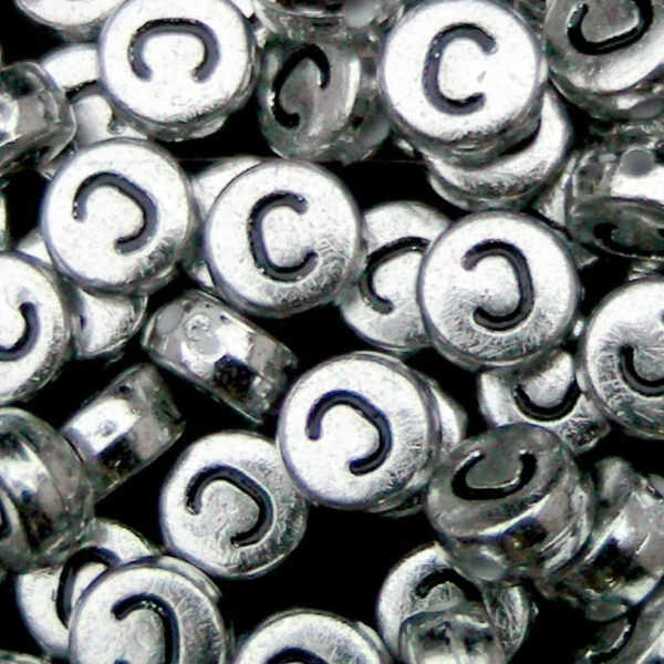 100 Pcs SILVER Acrylic Single Letter Coin Beads A - Z Disc Alphabet Bead 7mm ML C