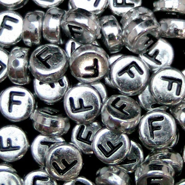 100 Pcs SILVER Acrylic Single Letter Coin Beads A - Z Disc Alphabet Bead 7mm ML F