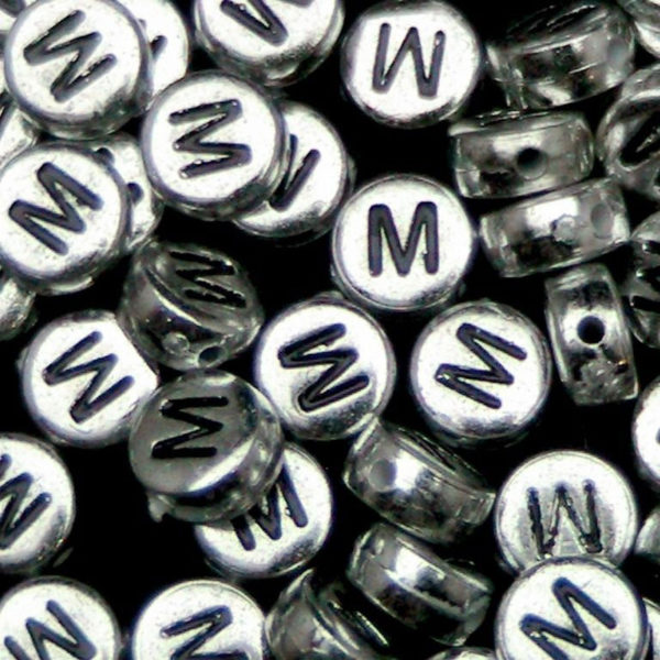 100 Pcs SILVER Acrylic Single Letter Coin Beads A - Z Disc Alphabet Bead 7mm ML M