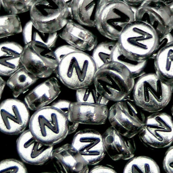 100 Pcs SILVER Acrylic Single Letter Coin Beads A - Z Disc Alphabet Bead 7mm ML N