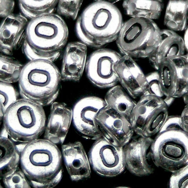 100 Pcs SILVER Acrylic Single Letter Coin Beads A - Z Disc Alphabet Bead 7mm ML O