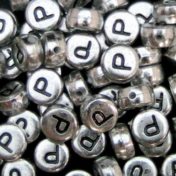 100 Pcs SILVER Acrylic Single Letter Coin Beads A - Z Disc Alphabet Bead 7mm ML P