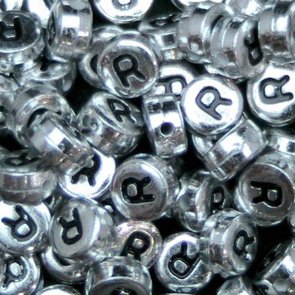 100 Pcs SILVER Acrylic Single Letter Coin Beads A - Z Disc Alphabet Bead 7mm ML R