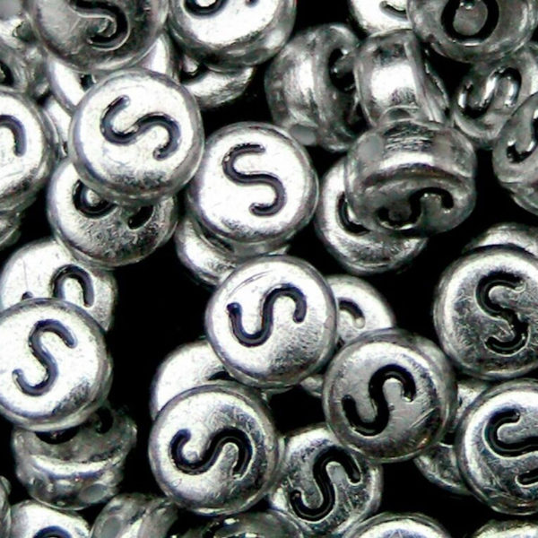 100 Pcs SILVER Acrylic Single Letter Coin Beads A - Z Disc Alphabet Bead 7mm ML S