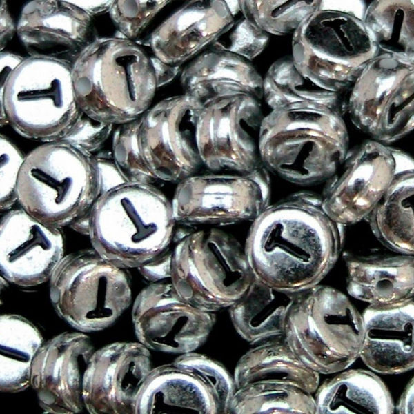 100 Pcs SILVER Acrylic Single Letter Coin Beads A - Z Disc Alphabet Bead 7mm ML T