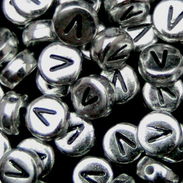 100 Pcs SILVER Acrylic Single Letter Coin Beads A - Z Disc Alphabet Bead 7mm ML V