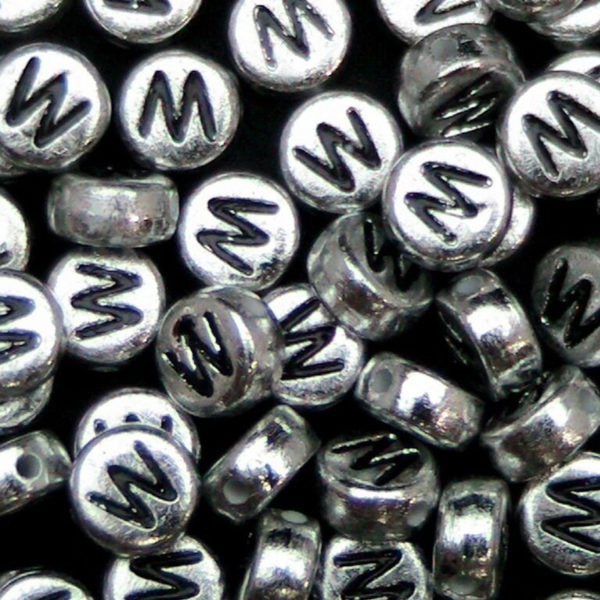 100 Pcs SILVER Acrylic Single Letter Coin Beads A - Z Disc Alphabet Bead 7mm ML W