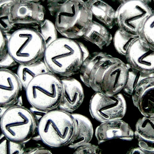 100 Pcs SILVER Acrylic Single Letter Coin Beads A - Z Disc Alphabet Bead 7mm ML Z