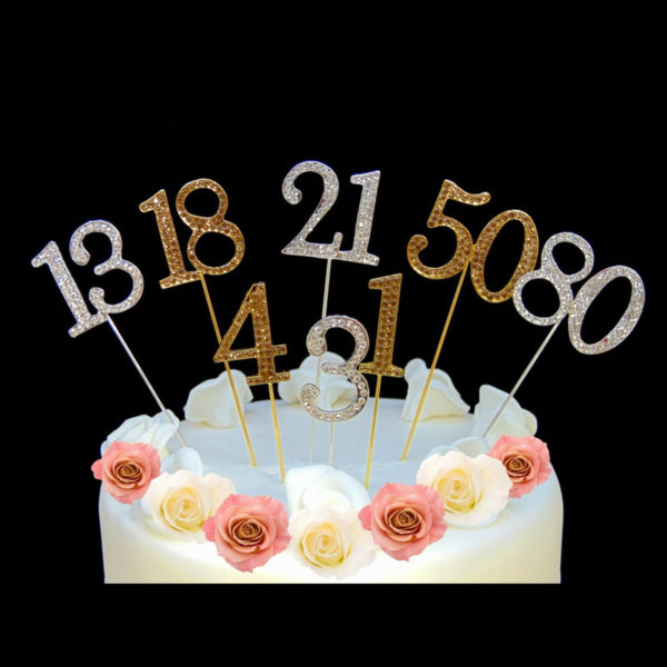 Cake Pick Topper Silver Gold Diamante Rhinestone Birthday Party Number Diamonte