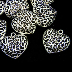 6 Pcs - Large Puffed Filigree Tibetan Silver Heart Pendant Necklace Gift S144