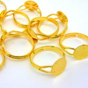 10 Pcs - Gold Plated Adjustable Ring Blanks 10mm Flat Pad Glue Jewellery J134
